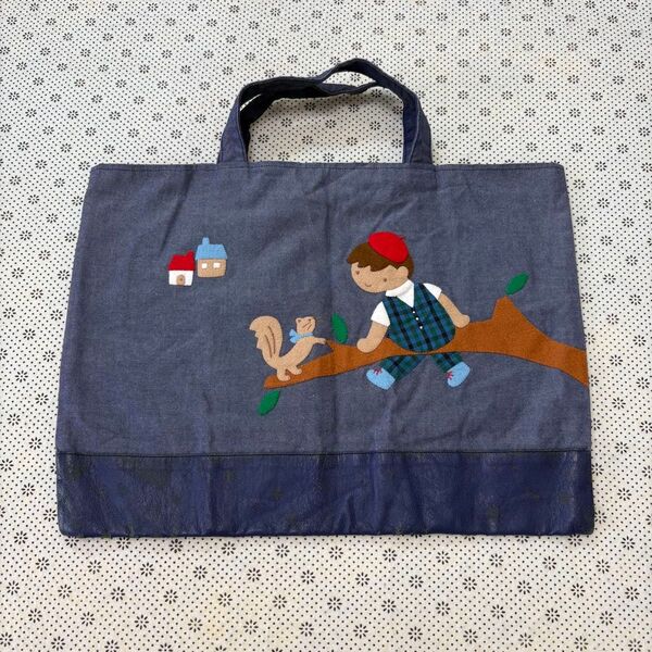 ☆ファミリア 刺繍 デニム 手さげ レッスン バッグ トートバッグ ネイビー