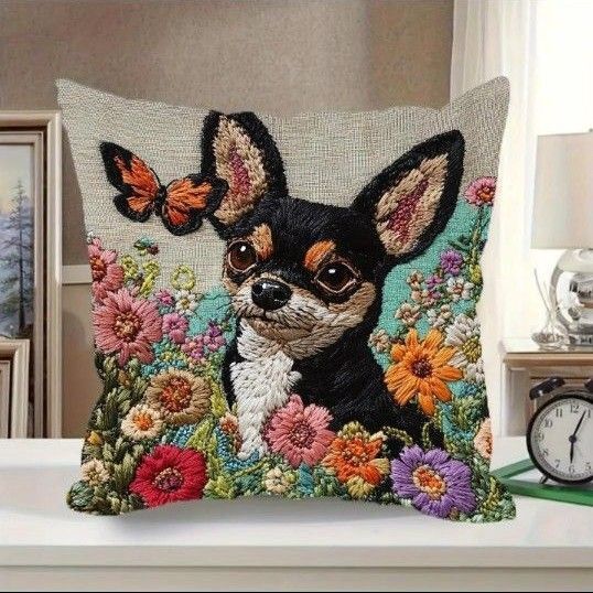 【新品】クッションカバー チワワ 両面プリント 刺繍風 犬柄 インテリア 45cm パネル生地