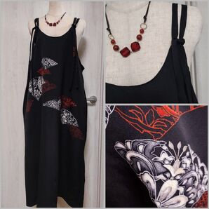 刺繍入り ダブルストラップのジャンパースカート 着物リメイク