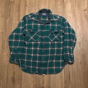 70s ペンドルトン オンブレチェックシャツ オンブレ ネルシャツ 長袖 チェックシャツ 緑 L