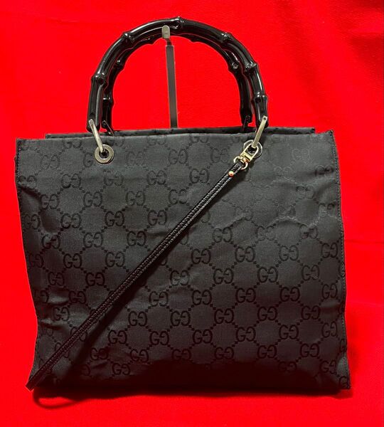 本物.美品】 GUCCI グッチ バンブー GG トート カバン バッグ 大容量 A4 黒 ブラック