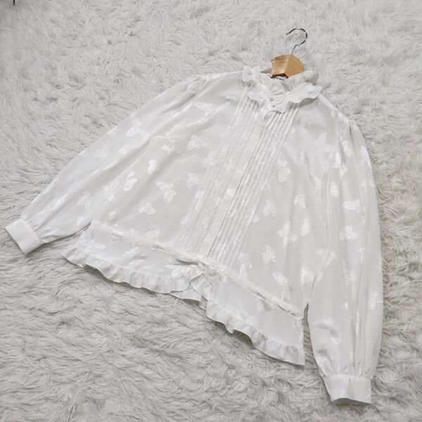 HANAE MORI TOPS ハナエモリ シャツ ブラウス フリル リボン 蝶々 ホワイト 11号 L 40 比翼ボタン 長袖