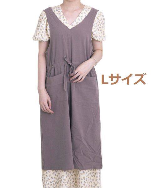 66%OFF シャンブレー 綿100% Vネック ポケット付き エプロン ワンピース シンプル Lサイズ モカ色