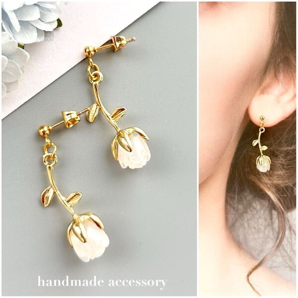 NO.339 再再販*ホワイトローズのピアス/イヤリング/白薔薇/リーフ/フラワー/サージカルステンレス/金具変更無料☆