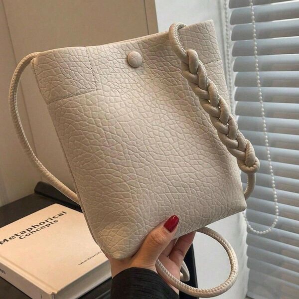 ミニバケットバッグ ソリッドカラー レザー 合成皮革 お洒落 シンプル ベージュ ショルダーバッグ レディース135729