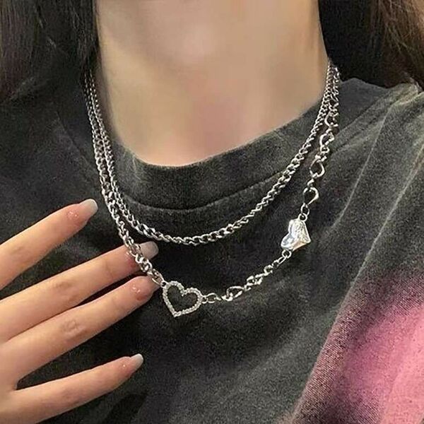 ダブルレイヤー デザインネックレス 重ね付け レディース アクセサリー パンクファッション シルバー957211
