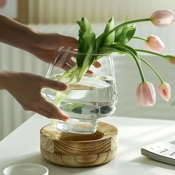 ルシリンダーバッドベース 木製ベース付き 花柄ガラス 花瓶 ウッドベース お洒落 インテリア418631
