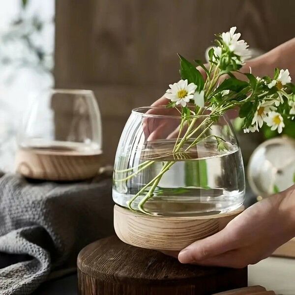 ルシリンダーバッドベース 木製ベース付き 花柄ガラス 花瓶 ウッドベース お洒落 インテリア240348