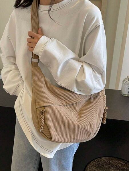コーデュロイ 三日月型 ショルダーバッグ 軽量 折りたたみ シンプル カジュアル キャンバス ジッパー開閉 カーキ277758