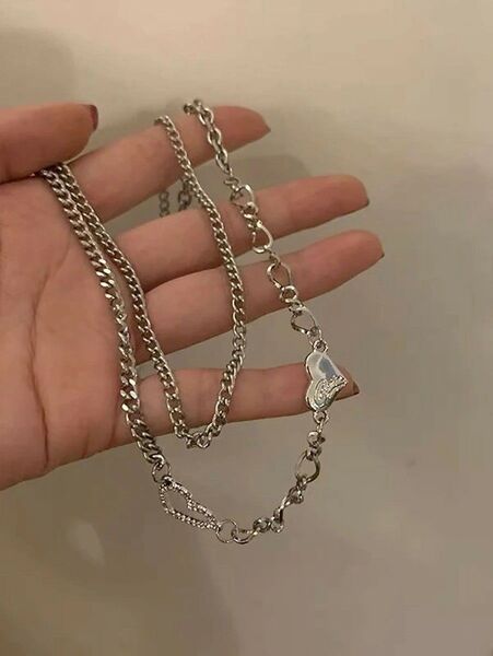 ダブルレイヤー デザインネックレス 重ね付け レディース アクセサリー パンクファッション シルバー546680