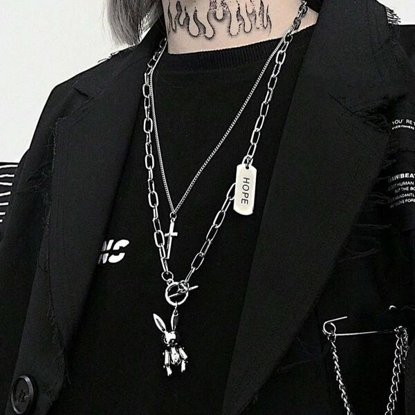 クロス ウサギペンダント ネックレスセット メンズ レディース 個性派 パンクファッション アクセサリー シルバー781777