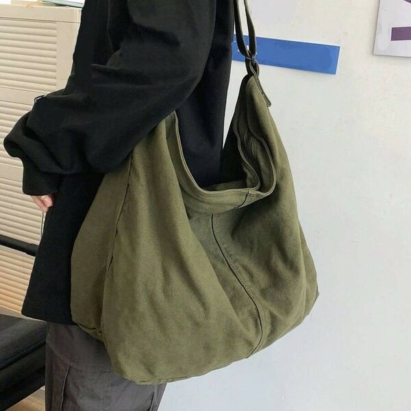 レディース オーバーサイズ キャンバス トートバッグ ウォッシュ ビンテージ カジュアル ショルダーバッグ グリーン507695