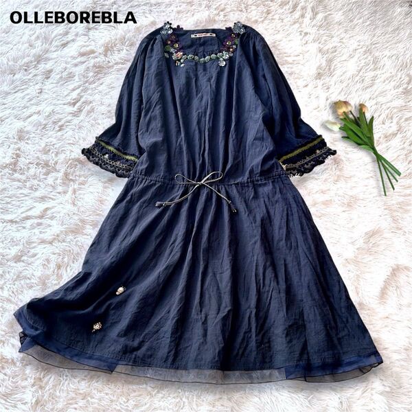 アルベロベロ OLEBOREBLA ビーズ装飾 リネンワンピース ぶたさん ビジュー 膝丈 ネイビー