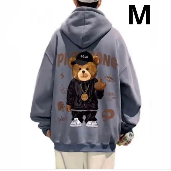 新品 メンズ パーカー 長袖 プルオーバー バックプリント クマちゃん くま 冬