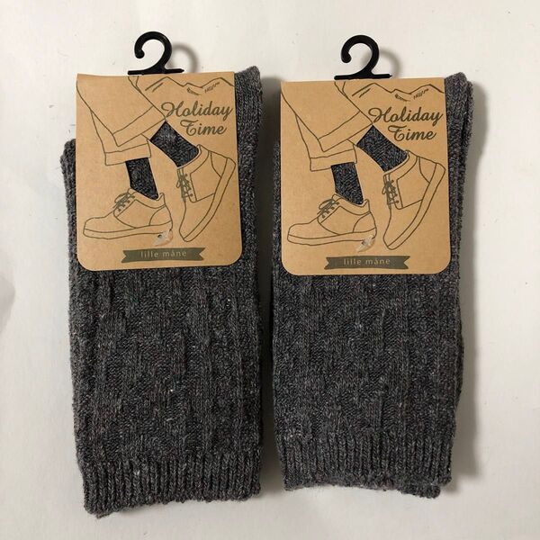 2足セット『lille mane/リリーモネ』ケーブル編みソックス 毛混 23〜25cm グレー