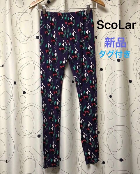 新品 タグ付き【ScoLar スカラー】猫柄 レギンス スパッツ Mサイズ パープル 総柄 ネコ