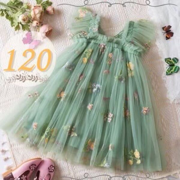 女の子 ドレス 120 チュール グリーン 花 羽 リングガール 結婚式 発表会 誕生日 バースデー 衣装 コスプレ
