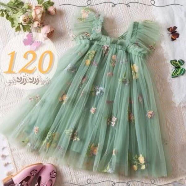 女の子 ドレス 120 チュール グリーン 花 羽 リングガール 結婚式 発表会 誕生日 バースデー 衣装 コスプレ