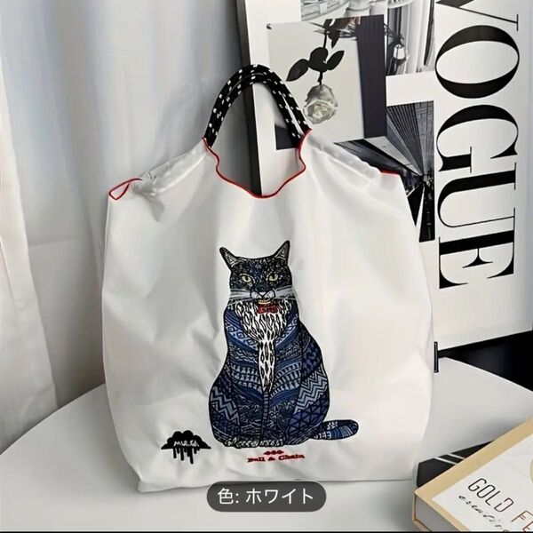ストラップ付き エコバッグ 2025年新作!かわいい猫の刺繍 大容量Lサイズ