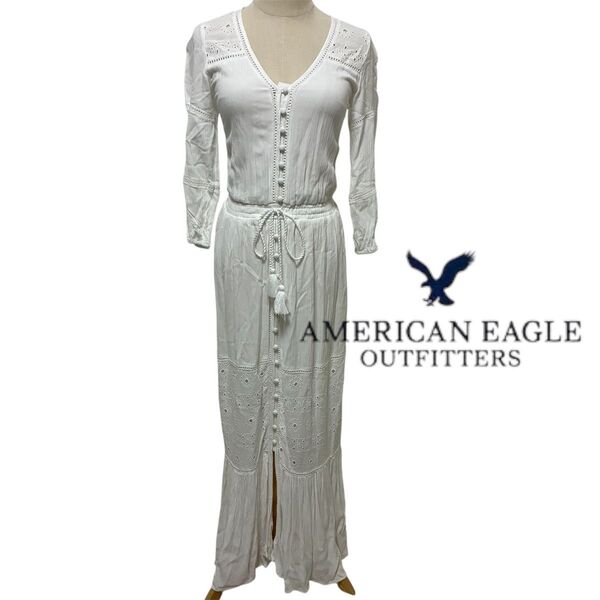 AMERICAN EAGLE ホワイトロングドレス ワンピース レース 新品未使用 マキシ丈 ロング XXSサイズ リボン