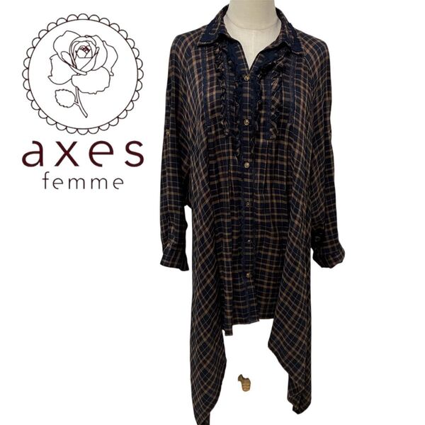 axes femme 長袖 シャツワンピース チェック シャツ ワンピース ロング アクシーズファム レース フィッシュテール