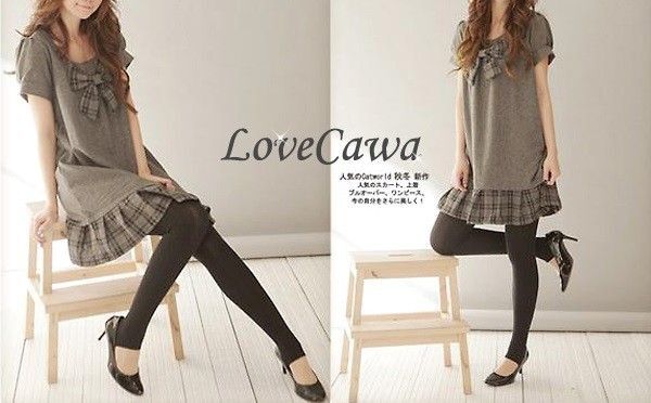 ☆未使用に近い美品☆ チェックのリボンと裾フリルが可愛い! 上質プルオーバー 半袖 チュニック ワンピース 【M・グレー】
