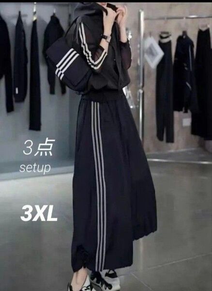 トラックスーツ フード付ベスト サイドラインTシャツ サイドラインスカート 黒 シアーシャツ セットアップ バルーンスカート