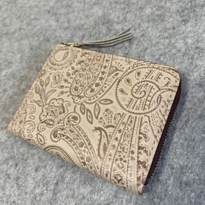 ハンドメイド ペイズリー柄 ミニ財布 ベージュ レザー