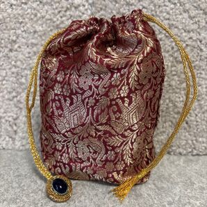 インド高級紅茶SAN-CHA ダージリンの巾着袋 刺繍 ビーズ フリンジ エンジ 光沢 未使用