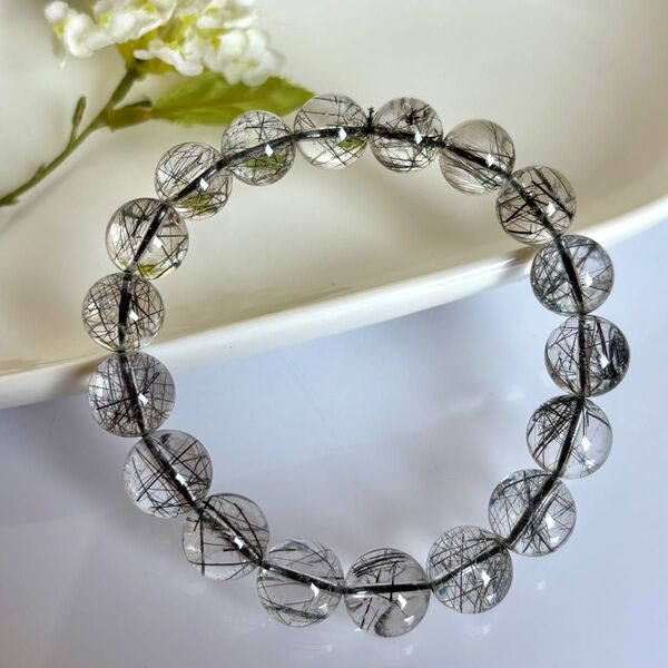 レアストーン ブラックルチルクォーツブレスレット AAAA 黒針水晶 高透明 虹入り 金運財運アップ ルチルクォーツ