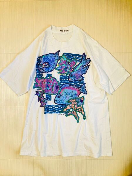 ユニセックス ヴィンテージ 90年代 熱帯魚 蛍光プリント 半袖Tシャツ 古着 ホワイトクルーネック