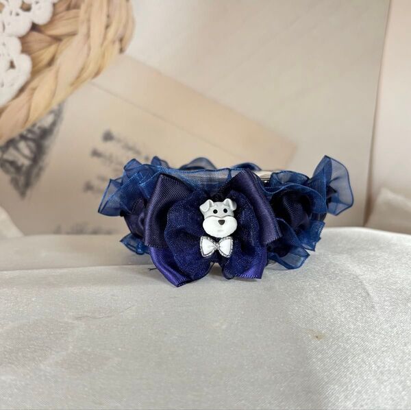 わんちゃんの首輪 紺色リボン シフォンレース シュナウザーパーツ リボンチャーム