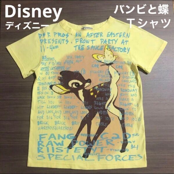 美品 バンビ 蝶 Tシャツ イエロー 黄色 ディズニー Disney 小鹿 女の子 女子 レディース トップス 半袖 夏 春 蝶々