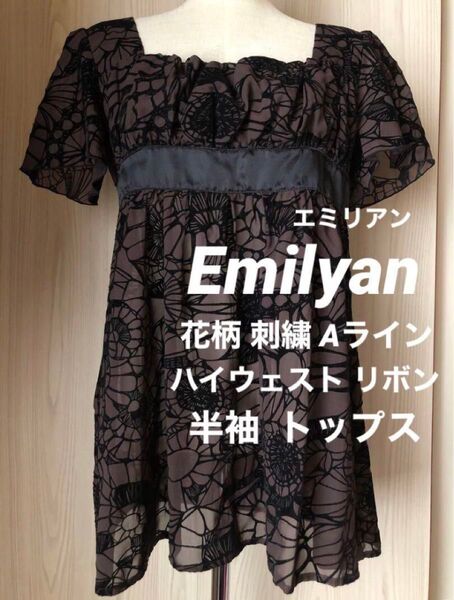美品 Emilyan エミリアン 花柄 刺繍 半袖 トップス チュニック ハイウェスト リボン 茶色 ブラウン 黒 ブラック 春夏