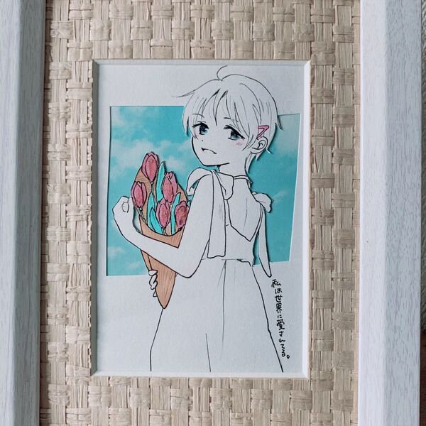 欠片【22】手描きイラスト:額付 オリジナル 創作女子 キラキラ コラージュ原画