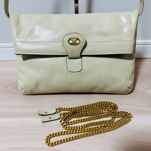【美品】CELINE セリーヌ ロゴ金具 ヴィンテージ チェーン クラッチ ショルダーバッグ レザー