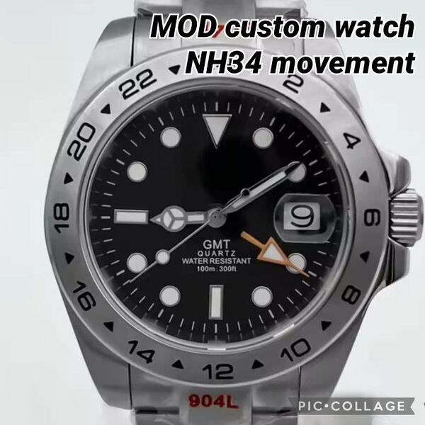 NH34 GMT MOD 自動巻 腕時計 ノーロゴ 24時間針 ステンレス 黒 オマージュ