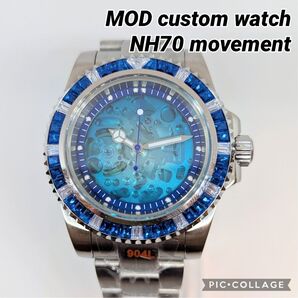 特注品 NH70 MOD 自動巻 腕時計 アイスブルー スケルトン ダイヤ カスタム オマージュ 青 ブルー