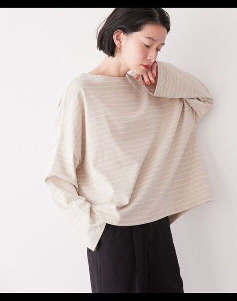 ストライプルーズフィット長袖Tシャツ Mサイズ ベージュ 試着のみ