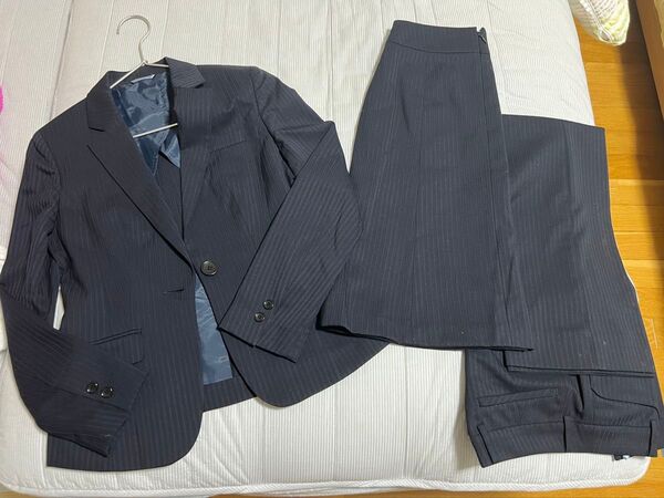 洋服の青山 スーツ ネイビー スカート ズボン 3点セット 滑り止め付き 7号