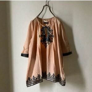 新品☆chocol raffine フォークロア柄刺繍タッセルチュニック Aライン ゆったり 体型カバー ゆるシルエット 五分袖