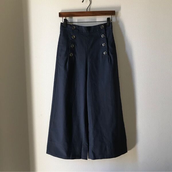 新品☆コットンマリンパンツ ネイビー ワイドパンツ クロップド コットンパンツ ウエストゴム 体型カバー ガウチョ ネイビー 無地