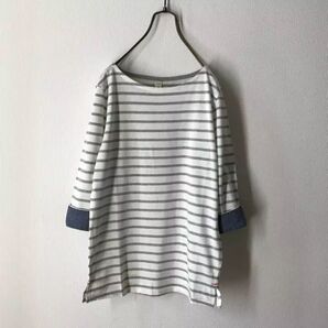 新品☆袖口シャンブレー七分袖ボーダーカットソー プルオーバー 白×グレー ボーダーT コットンカットソー 定番 ボートネック 春夏