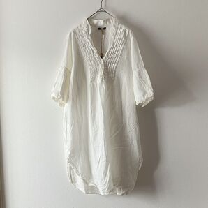 新品☆DEEP BLUE コットンシャツワンピース Vネック ピンタック バルーンスリーブ チュニック ワンピース