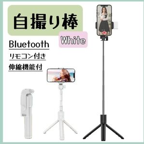 三脚 セルカ棒 白 自撮り棒ライト付きiPhone Bluetooth セルフィ