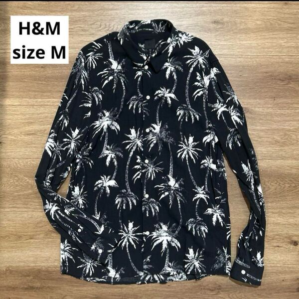 H&M メンズ デザイン長袖シャツ ヤシの木 EUR Mサイズ 総柄 ブラック