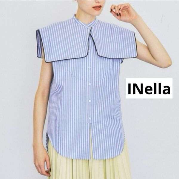 INellaイネラ ビッグカラーセットシャツ ノースリーブストライプシャツ 青 取り外し可能 2ウェイ ブルー