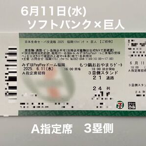 セ・パ交流戦 ソフトバンクホークスvs巨人 6月11日(水) A指定席3塁側 1枚 みずほPayPayドーム福岡