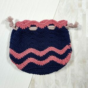 ハンドメイド 巾着袋 ネイビー ピンク 手編み