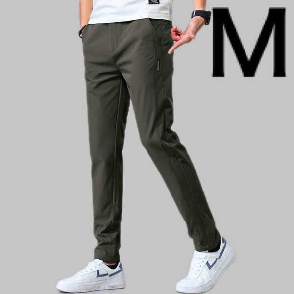 メンズ パンツ ダークグリーン M アイスシルク ストレッチ 伸縮性 オフィスカジュアル スマート ゴルフ スポーツ 登山 人気